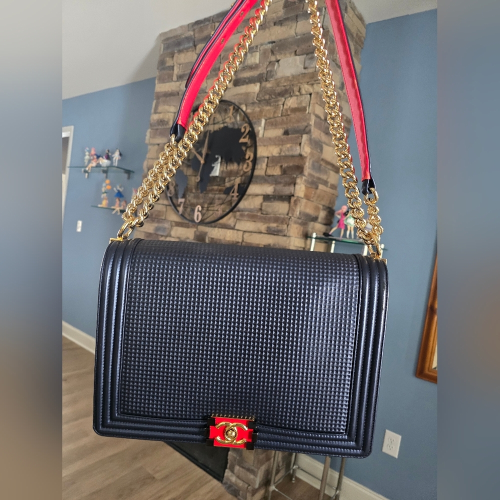 Authentic CHANEL Cube Boy Elegant Navy Blue and Gold Chain Shoulder Bag